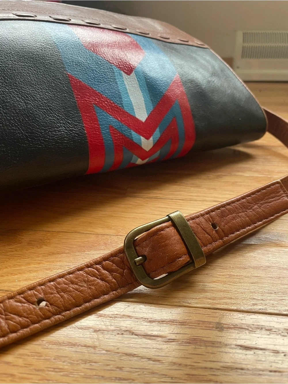 Vintage Leather Messenger Bag Hand Painted Pendleton Inspired Design
